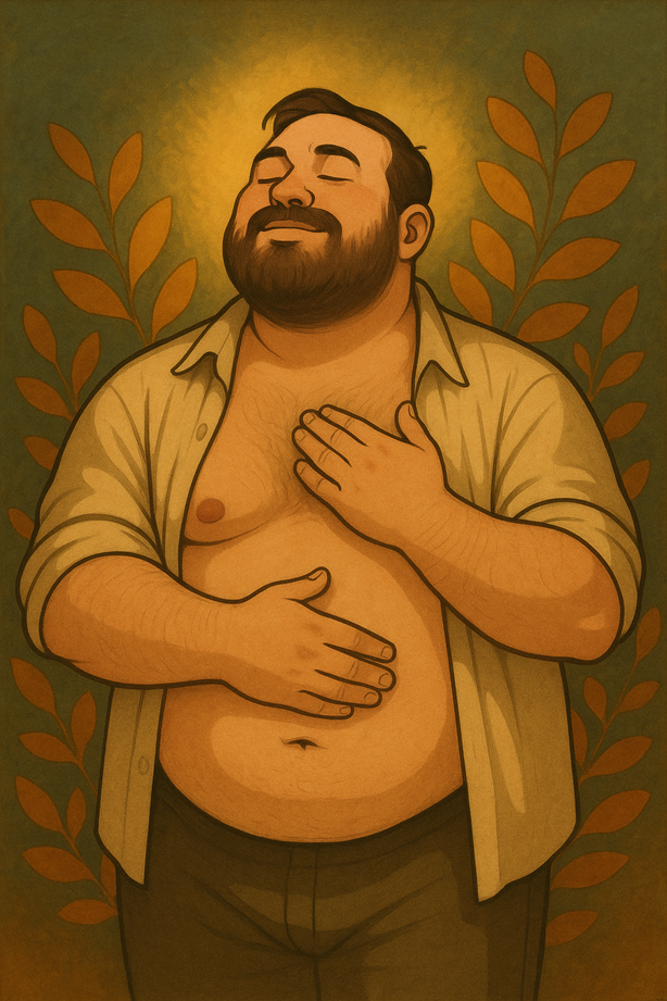 Illustration eines entspannten Mannes, der sich mit einer Hand auf Brust und Bauch hält – Symbol für Selbstannahme, Körperfreundlichkeit und Body Positivity