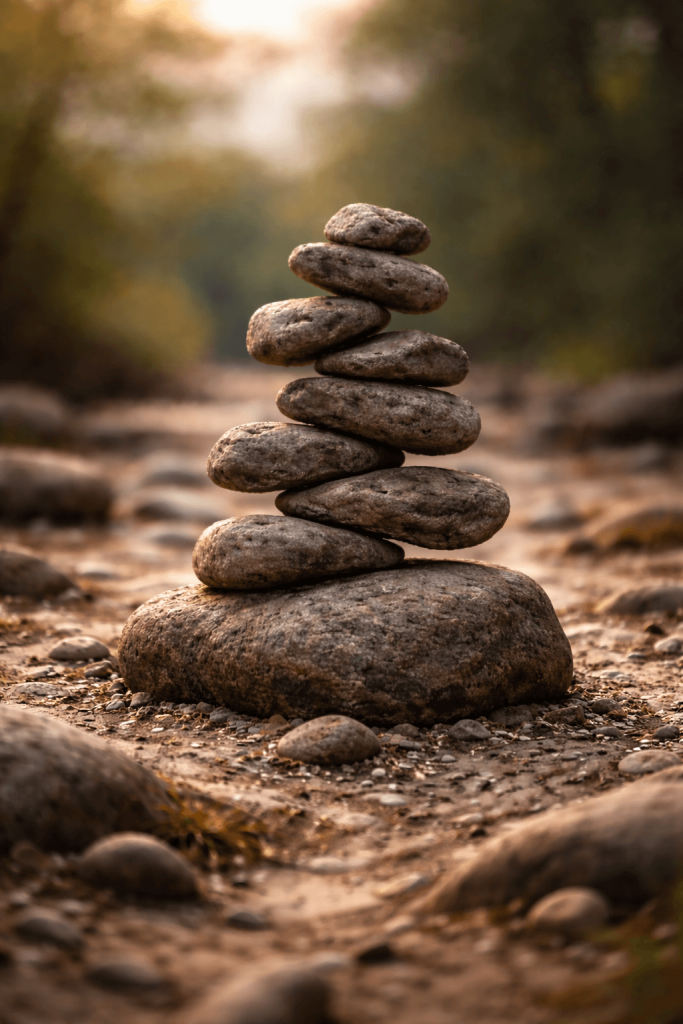 Steine, die auf einem bewegten Untergrund stabil gestapelt sind. Sie symboloisieren inneres Gleichgewicht. Dieses ist nötig, damit essen nicht als Selbstregulation fungiert.