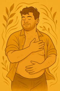 Illustration eines jungen Mannes, der mit geschlossenen Augen eine Hand auf Brust und Bauch legt – Symbol für Selbstmitgefühl, Körperakzeptanz und Ruhe